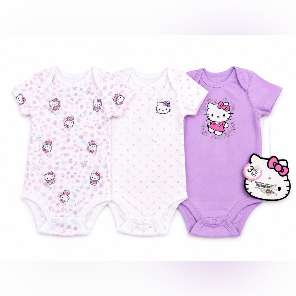 Hello Kitty Lavender, White & Pink Short-Sleeve One-Piece Bodysuit 3-Pack